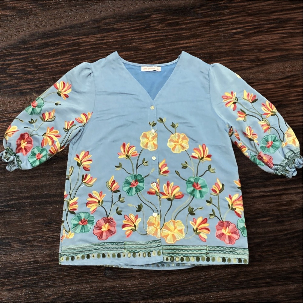 Ana & Rose Blue Floral Embroidered Button Front V-Neck Puff Sleeve Blouse Small